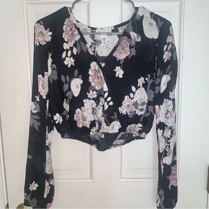 Black floral long sleeve, lightweight, crop blouse